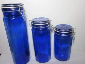Cobalt Blue Glass Canisters Containers Storage Jars Set of 3 Vtg Circa 1970'S