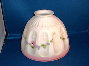 Antique Victorian Handpainted Satin Glass Lamp Shade White w Pink Purple Flowers