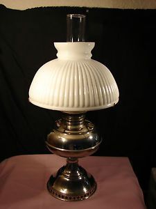 Antique Rayo Oil Kerosene Lamp with Glass Chimney and Ribbed Glass Shade