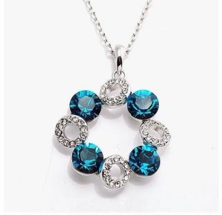 Silver Gold Plated Multicolour Blue Glass Crystal Circle Pendant Necklace