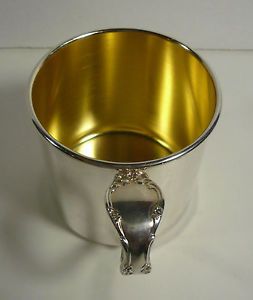 Oneida Comminity Silver Plated Affection Handle Baby Childs Cup Gold Inside 1960