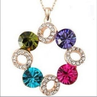 Silver Gold Plated Multicolour Blue Glass Crystal Circle Pendant Necklace