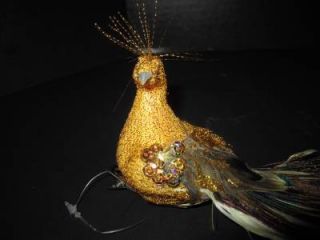 Vintage Gold Peacock Feathers Christmas Ornament Clip on Purple Teal Decor