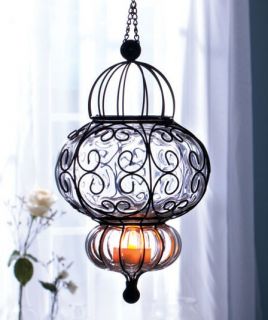 New Exotic Blown Glass Pendant Scrolled Metal Lantern LED Tea Light Clear Amber