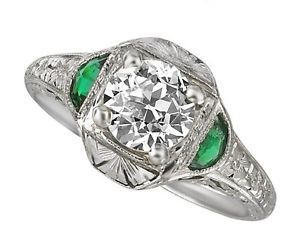 Art Deco Platinum 1 01 Carat Old European Diamond Emerald Engagement Ring 101 1