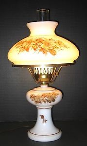 Pretty Vintage White Milk Glass Brown Flowers Electric GWTW Hurricane Table Lamp
