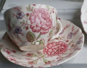 Johnson Brothers China Rose Chintz Pink White Cup Saucer Pat Inside