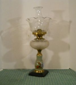 Antique Early 1900's Oil Lamp Etched Glass Shade with Cast Iron Base H P Stem