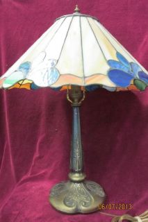 Tiffany Style Table Lamp Very Heavy Cast Iron Base Leaded Shade