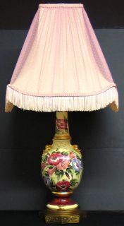 Vintage French Floral Hand Painted Morning Glory Lamps Pink Lace Shades