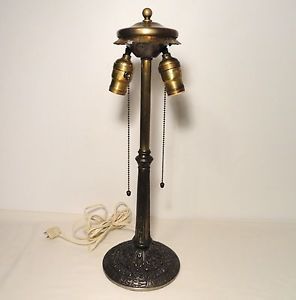 Antique Cast Iron 2 Light Lamp Base for Glass Shade Bronze Finish Tiffany Era