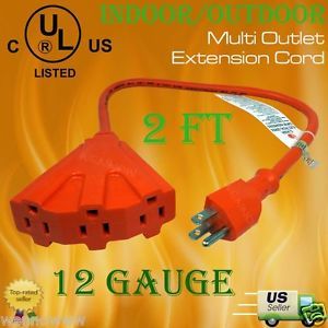 Orange Color 2 ft 12 Gauge Indoor Outdoor Multi Outlet Extension Cord