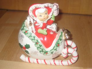 Vintage Christmas Peppermint Candy Cane Sleigh Holiday 5" Napco Lefton Figurine