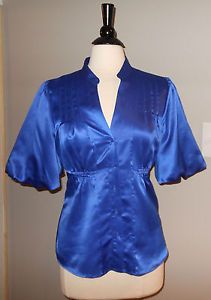 ☆• ¨ •☆women's Worthington Royal Blue Mandarin Collar Satin Blouse Shirt 12