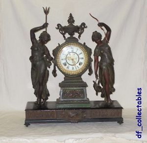 RARE Antique Ansonia Fisher Hunter Double Figural Statue Mantle Shelf Clock
