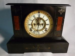 Antique 1890's Ansonia Black Red Marbel Mantel Clock Victorian Open Escapement