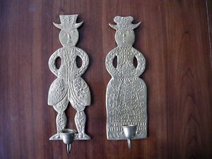 Pair Early Heavy Sand Cast Brass Colonial Figural Sconces Man Woman PA Dutch