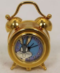 Vtg 1997 Bugs Bunny Old Fashion Gold Tone Alarm Clock Miniature 2x1"