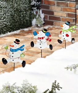 3 Metal Snowman Garden Stakes Christmas Holiday Outdoor Yard Decor