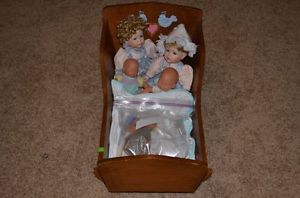 Wood Wooden 2 Foot Long Cradle Crib for Baby Doll Bed with Dolls and Blankets