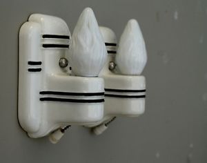 Vintage Pair Art Deco Porcelain Sconces Light Lamp Fixture Plug Outlet Bathroom