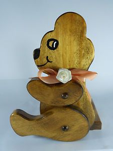 Wood Carved Bear Toilet Paper Holder Stand Table Top Handmade Paper Towel