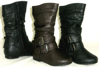 Cute Girls Slouchy Kids Tall Flat 2 Buckle Slouch Boots Faux Leather