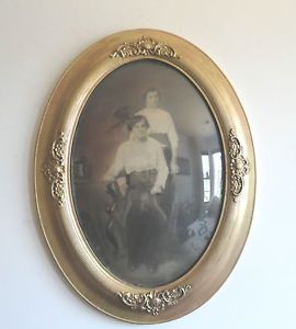 Large Antique Gold Gesso Painted Oval Picture Frame Convex Glass Old Photo