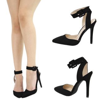 Black Suede Pointy Toe High Heel Mary Jane Ankle Strap Buckle Womens Pump Sandal