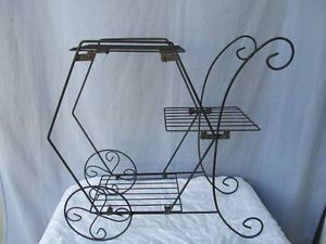 Vintage 3 Tier Wrought Iron Cart Plant Stand Patio Table