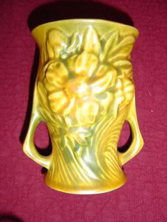 Roseville Art Pottery 4" Vase 57 4 Peony Dble Handles Woodland Yellow