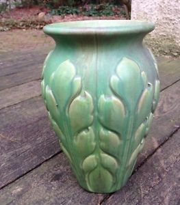 Early Roseville Velmoss Arts Crafts Pottery Leaf Vase Matte Green Pink 9 75"