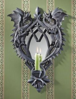 Medieval Magical Twin Dragons Wall Mirror Candle Holder Sculpture Gothic Sconce