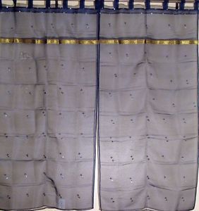 Ethnic Sari Navy Blue India Organza Sequin Work 2 Sheer Curtains Panels 78in