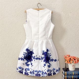 New Womens Sleeveless White Porcelain Floral Print Flare Dress Mini Zipper Dress
