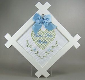 Bless This Baby Quilted Fabric Square Wooden Frame Wall Hanging Blue Boy New