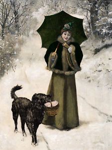 Flat Coated Retriever Victorian Lady Snow Scene 8 x 10 Dog Print Ready to Frame