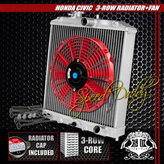 3 Row Core Aluminum Radiator 12" Red Cooling Fan 92 00 Honda Civic EG Integra DC