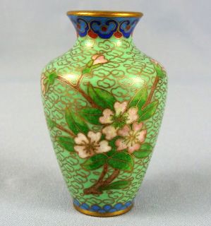 Antique Chinese Green Pink Cherry Blossom Floral Cloisonne Enamel Brass Bud Vase