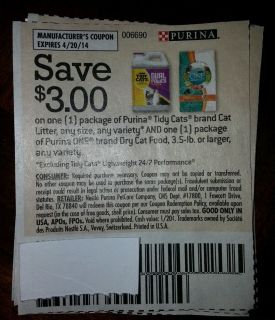 8 Coupons of $3 00 Off Purina Tidy Cats Litter Purina One Dry Cat Food