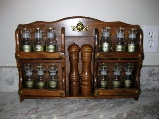 Vintage Wooden Spice Rack Cabinet w 12 Glass Apothecary Spice Jars Salt Pepper