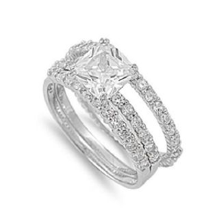 1ct Princess Cut Three Piece Engagement Ring and Guard Set Bridal Sterling Silve