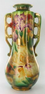 Antique Japanese Pottery Moriage Iris 2 Vases 15" Tall
