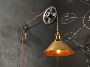 Vintage Industrial Pulley Sconce Brass Shade Wall Mount Light Machine Age