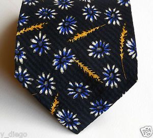 Altea Milano Wheat Ears Marguerites on Navy Blue Floral Silk Necktie Tie Cravat