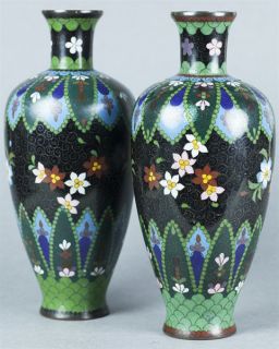 Fine Pair Antique Oriental Cloisonne Vases with Floral Designs 19th C