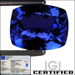 IGI Certified 1 89 Ct AAA Natural DBlock Tanzanite Cushion Cut Deep Blue Violet