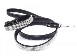 New White Leather Rhinestone Crystal Jeweled Bling Pet Dog Collar Leash Set