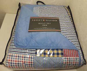 NIP Tommy Hilfiger Twin Quilt Set "Middlebury" White Blue Red Yellow Plaid