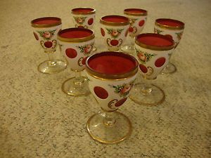 Vintage Moser Bohemian Czech Glass White Cut to Cranberry Set 8 Wine Glasses